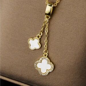 Elegant Gold and white Alhambra Clover Pendant Necklace , CZ accents